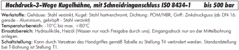 Datenblatt 3-Wege Hochdruck Kugelhahn Stahl verzinkt mit Schneidringanschluss